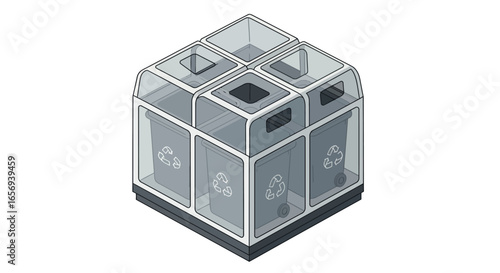 Isometric recycling bins with transparent lids for modern waste management design