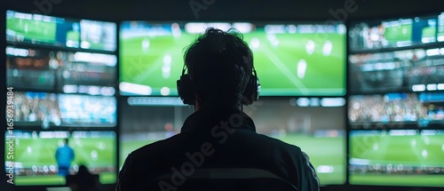 Fototapeta Naklejka Na Ścianę i Meble -  A person monitors multiple sports screens, focusing on game analysis and strategy in a high-tech environment. Perfect for sports tech imagery.