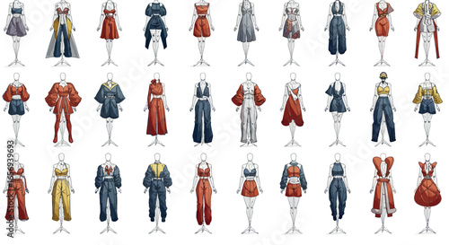 Fashion collection showcase with mannequins displaying trendy outfits in stylish arrangement