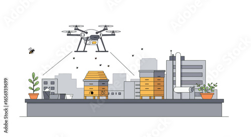 Urban rooftop beekeeping with drone monitoring and city skyline