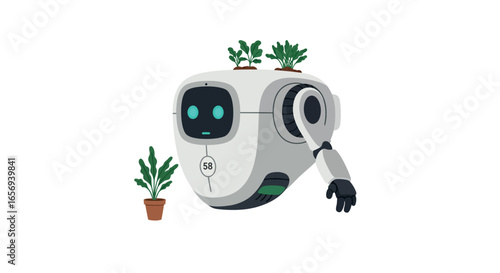 Cute futuristic robot gardener with plants on head and hand