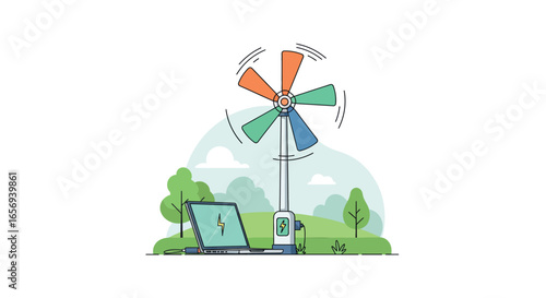 Sustainable energy concept with laptop and wind turbine in flat design