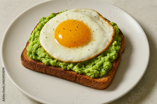 Enjoy a delicious and healthy breakfast with perfectly toasted avocado toast topped with a sunny-side-up egg and a sprinkle of black pepper