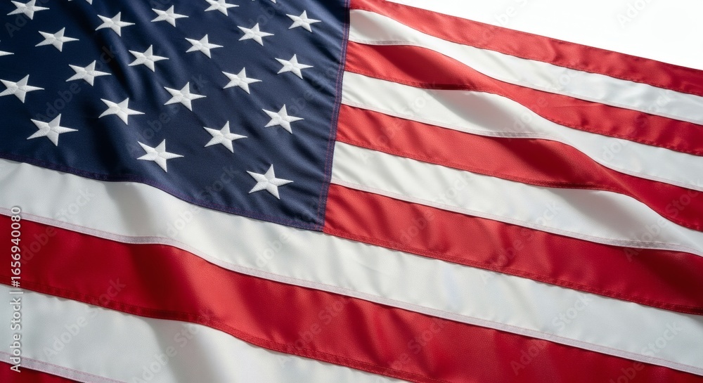 Obraz premium Photo-realistic depiction of the American flag on white background, showing realistic fabric details, stitching, folds, and shadows, clean centered composition with no distractions