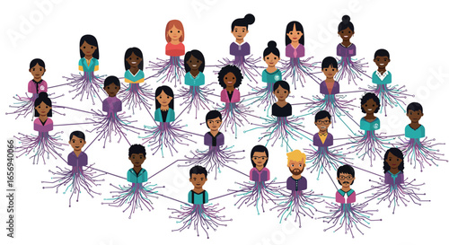 Diverse team connected in network diagram with flat avatars