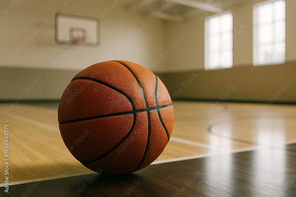 Fototapeta premium A solitary basketball rests on a polished wooden court in a brightly lit gymnasium, hinting at upcoming competition and athletic focus.