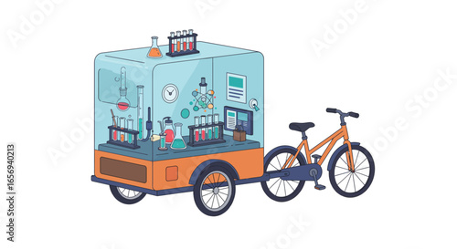 Mobile laboratory cart on bicycle with scientific equipment in flat style