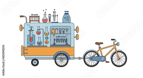 Colorful chemistry lab on bicycle cart with test tubes and beakers