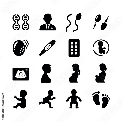 Collection of medical icons representing fertility and pregnancy journey