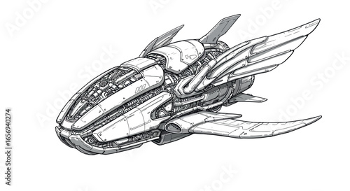 Futuristic spaceship design with detailed mechanical wings in monochrome