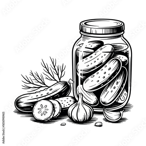 Hand drawn illustration of a jar filled with pickles dill and garlic