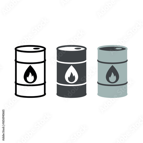 Three stylized oil barrels with flame symbols in different colors