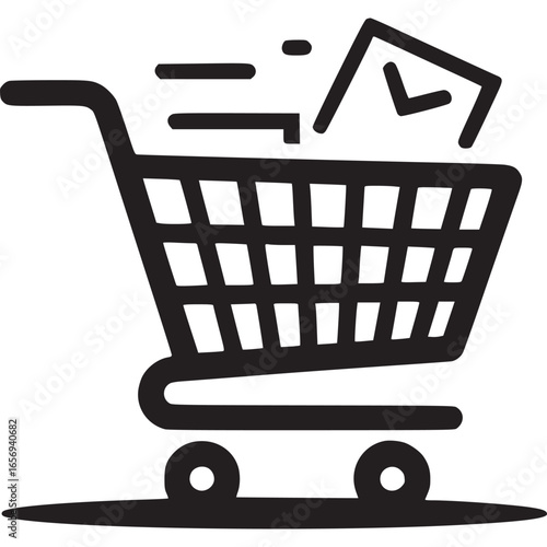 Vector art of black outline of a shopping cart with an envelope inside, moving quickly, representing online shopping and email delivery services
