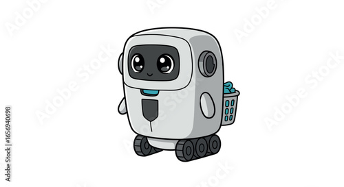 Cute cartoon robot with wheels and shopping basket on white background