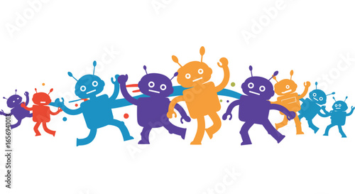 Colorful cartoon robots dancing happily against a white background