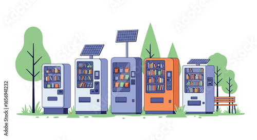 Eco-friendly book and coffee vending machines in a park setting
