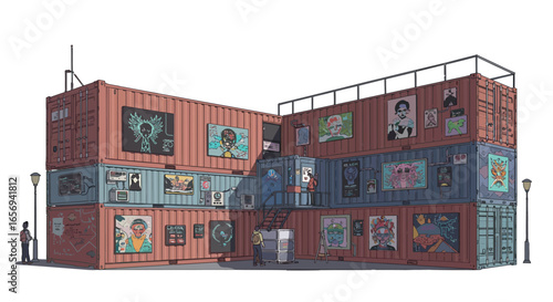 Graffiti-adorned shipping container market with contemporary urban art
