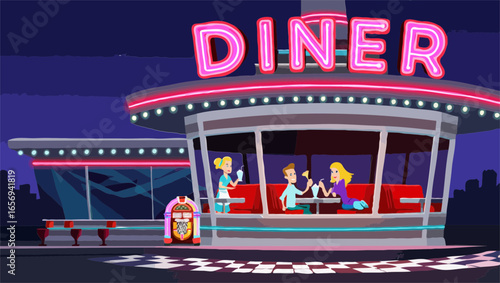 Retro diner at night with people enjoying milkshakes