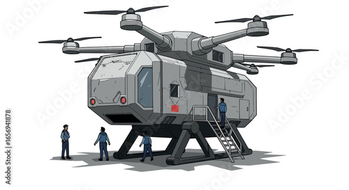 Futuristic drone helicopter with crew in dynamic style