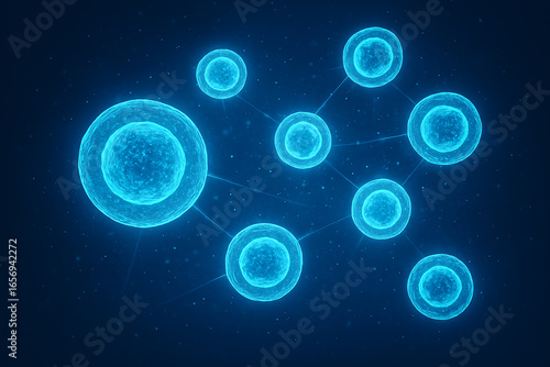 Vibrant network of luminous blue cells connected by glowing lines creating a dynamic abstract scientific background for biotechnology and medical research