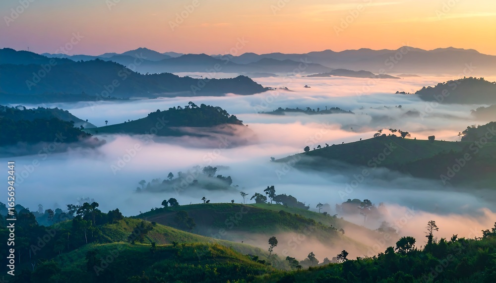 Obraz premium A serene vista of rolling hills blanketed in a soft, pastel-hued morning mist, showcasing a tranquil landscape at sunrise.