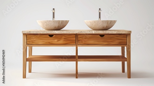 A floor-standing bathroom vanity made of teak wood, featuring two countertop sinks, Generative AI illustrations.