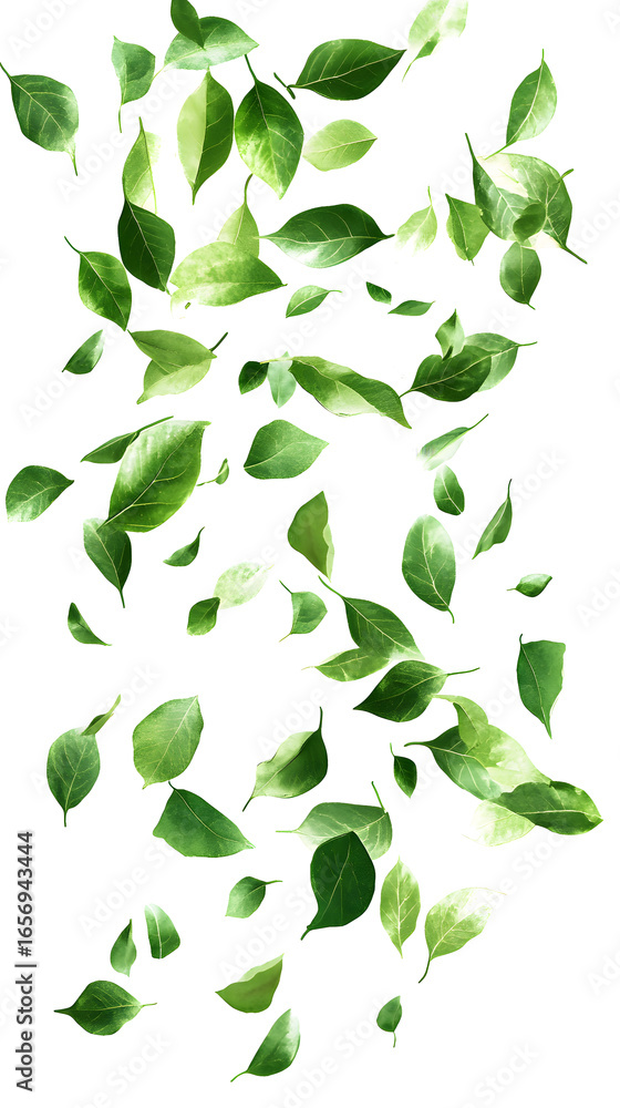 Naklejka premium Assortment of green leaves falling on white background isolated on a transparent background