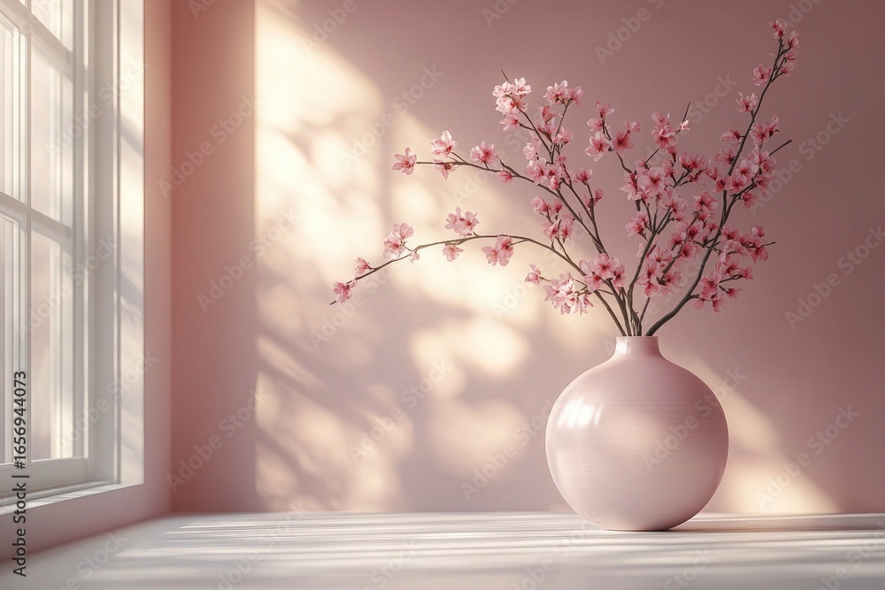 Pink cherry blossoms in a vase sit on a floor near a sunlit window. Use for springtime themes, interior decoration, or floral arrangement projects. Pink cherry blossoms in a vase sit on a floor near a sunlit window. Use for springtime themes, interior decoration, or floral arrangement projects.