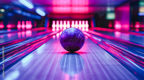 A striking bowling ball rests on a smooth wooden lane, surrounded by glowing neon lights that enhance the lively ambiance of the bowling alley, inviting excitement and enjoyment