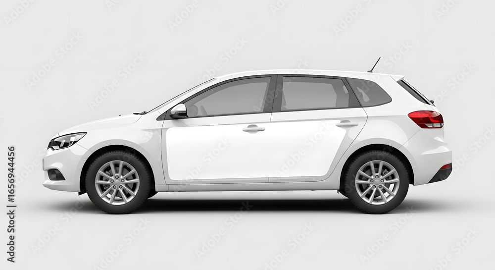 Obraz premium White Compact Hatchback Car Isolated on White Background, Side View