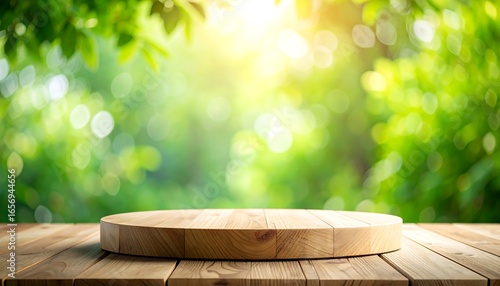 Circular wooden platform against a blurred background of greenery.
