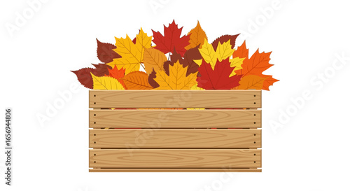 Wooden crate filled with fall leaves showcasing autumn foliage color changes perfect for seasonal decor blog posts and autumn holiday promotions.