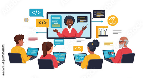 coding education diverse students learning to code from a female instructor via online class fostering technology skills representing modern education trends and illustrating digital learning