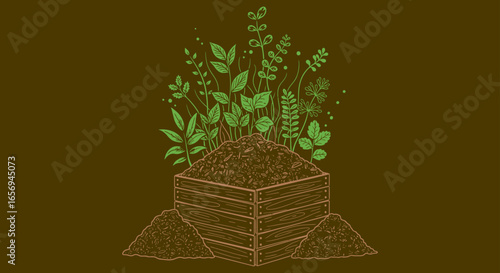 compost heap with herbs growing from a wooden crate symbolizing sustainable gardening ecological living and organic waste management for environmental education.