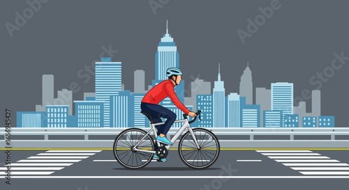 cyclist riding on a city street commuting to work on a bicycle in an urban setting with skyscrapers promoting fitness and eco-friendly transportation