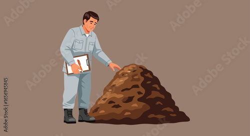 inspecting compost pile worker examines organic material clipboard in hand at composting site assessing soil health for sustainable agriculture use