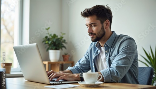 Young bearded man casually working on a laptop with coffee in a home office with plants