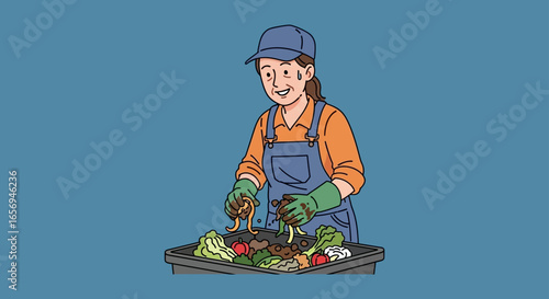 Woman composting food scraps sorting organic waste in a compost bin contributing to a sustainable lifestyle ideal for eco-conscious gardening blogs and environmental awareness campaigns.