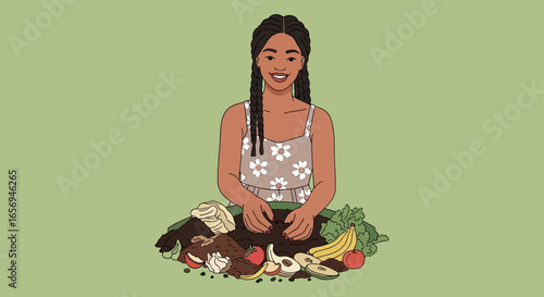 Woman composting organic waste tending a pile of food scraps and vegetable matter in an effort to create fertilizer promoting sustainable practices
