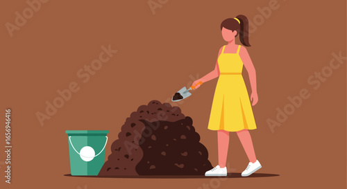 woman composting shoveling soil from a pile into a bucket in her backyard illustrating gardening and sustainable living practices for eco-friendly lifestyles.