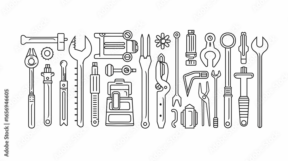 Obraz premium Repair and Construction Tools Line Art Drawing, Generative AI illustrations.