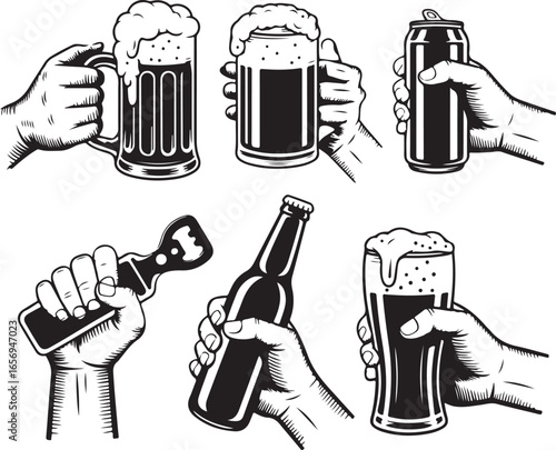 Hand Holding Beer Mug Bottle Can Vector Illustration on Checkered