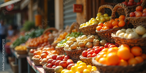 Street outdoors market of natural products. Small local farmer shop of fruits, vegetables in street of Spanish city in sunny day. Detail of Spain