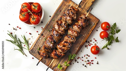 A juicy kebab on a wooden board, board on a white background, tomatoes and herbs, Generative AI illustrations.
