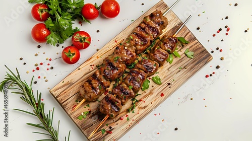 A juicy kebab on a wooden board, board on a white background, tomatoes and herbs, Generative AI illustrations.