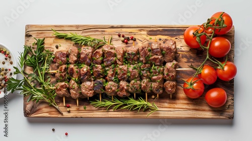 A juicy kebab on a wooden board, board on a white background, tomatoes and herbs, Generative AI illustrations.