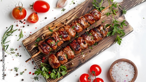 A juicy kebab on a wooden board, board on a white background, tomatoes and herbs, Generative AI illustrations.