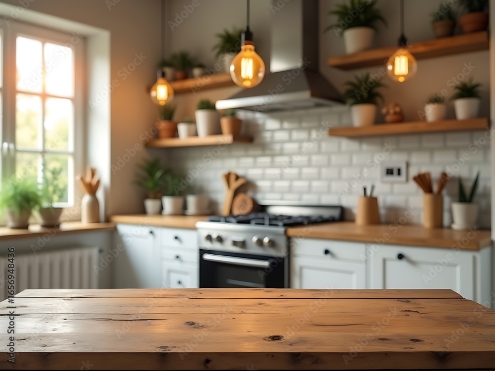 Fototapeta premium Cozy rustic kitchen with wooden table in foreground and stove and window in background isolated on white background