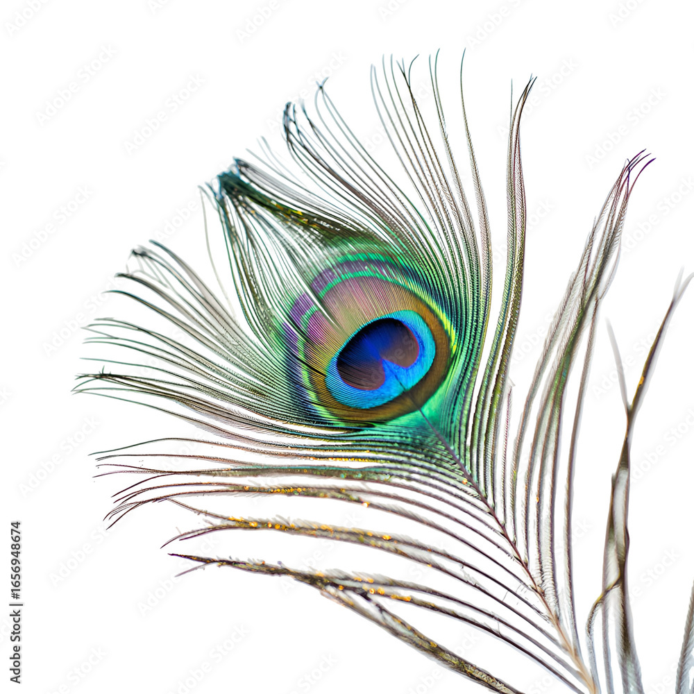 Obraz premium Detailed closeup of a vibrant peacock feather with stunning iridescent colors and intricate patterns, macro photography in ultra high resolution 8K, exotic natural beauty
