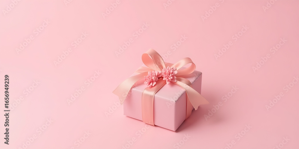 Obraz premium Small elegant present gift box with tiny pale pink satin ribbon decorated with blooming sakura flowers on pale pink background